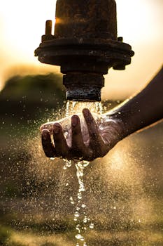 A person washes their hand under a rustic water pipe, capturing the essence of fresh water at sunset.