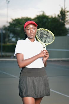 Black female tennis player posing with racket on an outdoor court in Gaborone, Botswana.